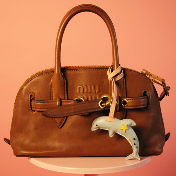 Brown handbag with a decorative charm on a pink background
